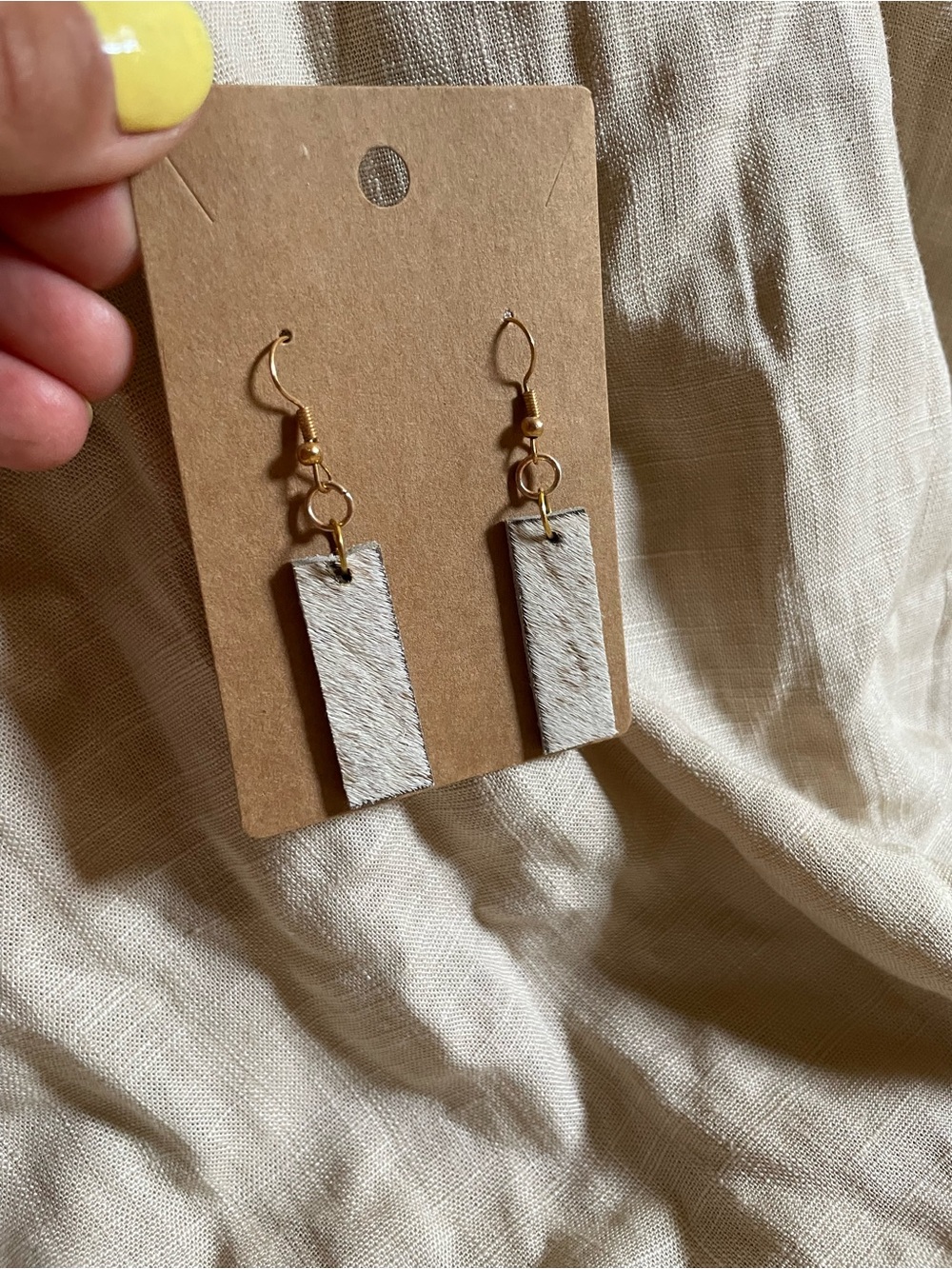 Minimalist White Cowhide Rectangle Drop Earrings